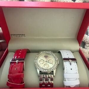 Silver Tone Crystal Bezel Watch with Interchangeable Red & White Straps